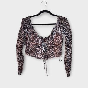 Majorelle Leopard Print Ruched Tie Front Crop Blouse Long Sleeve Women's XL